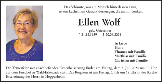 Traueranzeige von Ellen Wolf von Starkenburger Echo