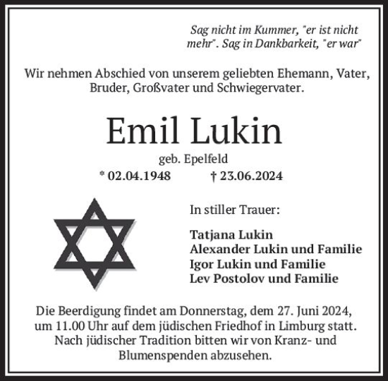 Traueranzeige von Emil Lukin von Weilburger Tageblatt