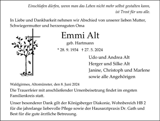 Traueranzeige von Emmi Alt von Wetzlarer Neue Zeitung