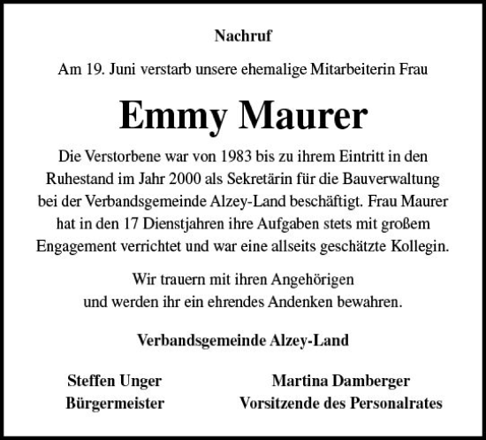 Traueranzeige von Emmy Maurer von Allgemeine Zeitung Alzey
