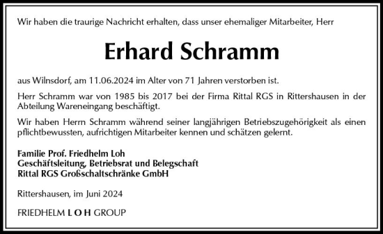 Traueranzeige von Erhard Schramm von Dill Block