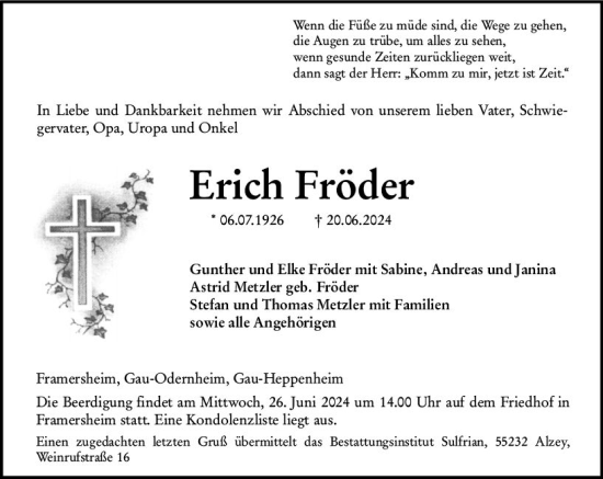 Traueranzeige von Erich Fröder von Allgemeine Zeitung Alzey