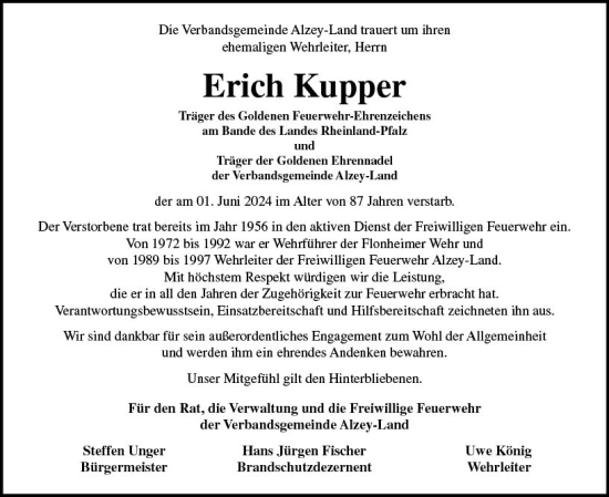 Traueranzeige von Erich Kupper von Allgemeine Zeitung Alzey