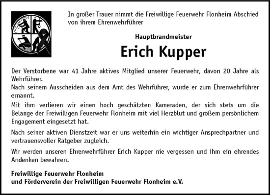 Traueranzeige von Erich Kupper von Allgemeine Zeitung Alzey