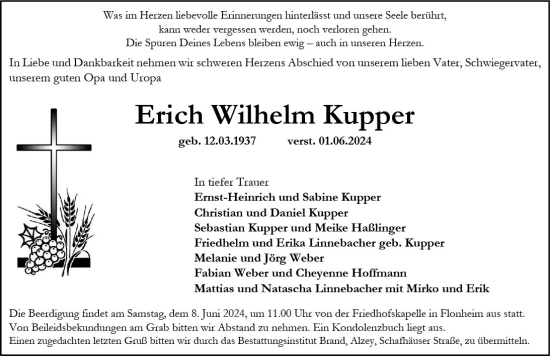 Traueranzeige von Erich Wilhelm Kupper von Allgemeine Zeitung Alzey