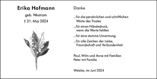 Traueranzeige von Erika Hofmann von Wetzlarer Neue Zeitung