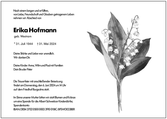 Traueranzeige von Erika Hofmann von Weilburger Tageblatt