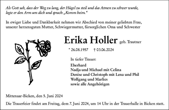 Traueranzeige von Erika Holler von Dill Block