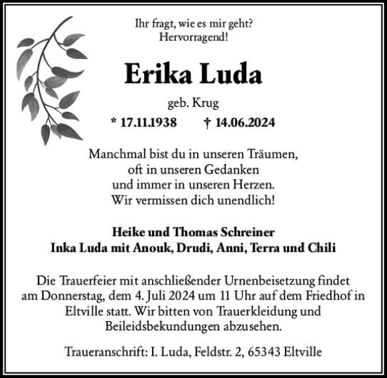 Traueranzeige von Erika Luda von Wiesbadener Kurier