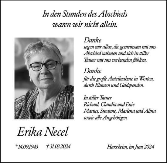 Traueranzeige von Erika Necel von Allgemeine Zeitung Mainz