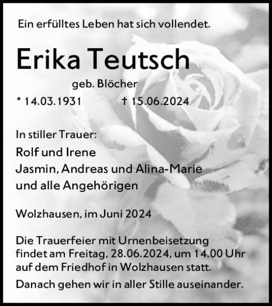 Traueranzeige von Erika Teutsch von Hinterländer Anzeiger