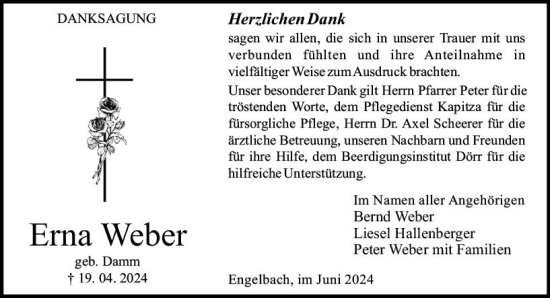 Traueranzeige von Erna Weber von Hinterländer Anzeiger