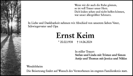 Traueranzeige von Ernst Keim von Allgemeine Zeitung Alzey