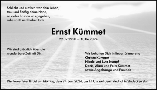 Traueranzeige von Ernst Kümmet von Allgemeine Zeitung Mainz
