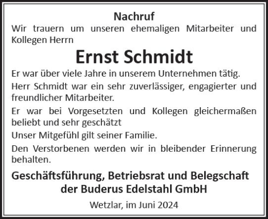 Traueranzeige von Ernst Schmidt von Wetzlarer Neue Zeitung