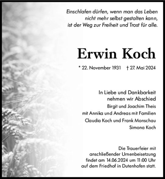 Traueranzeige von Erwin Koch von Wetzlarer Neue Zeitung