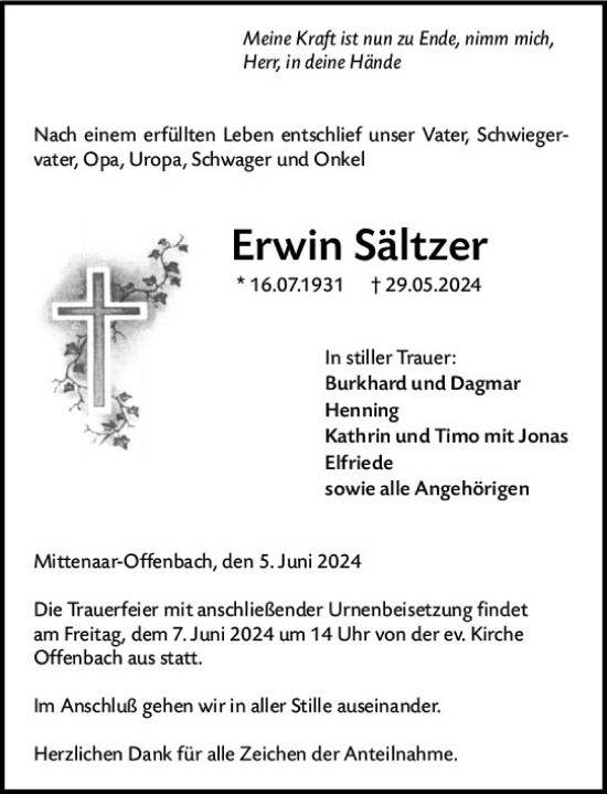 Traueranzeige von Erwin Sältzer von Dill Block