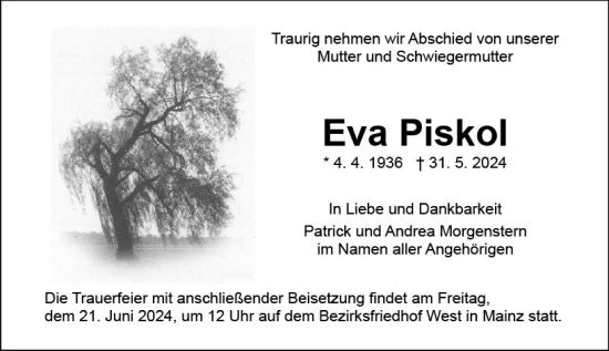 Traueranzeige von Eva Piskol von Allgemeine Zeitung Mainz