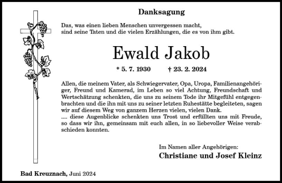 Traueranzeige von Ewald Jakob von Allgemeine Zeitung Bad Kreuznach