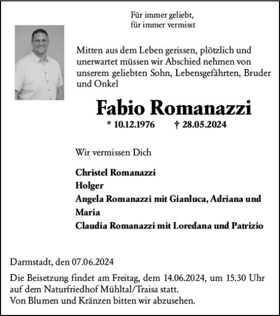 Traueranzeige von Fabio Romanazzi von Darmstädter Echo