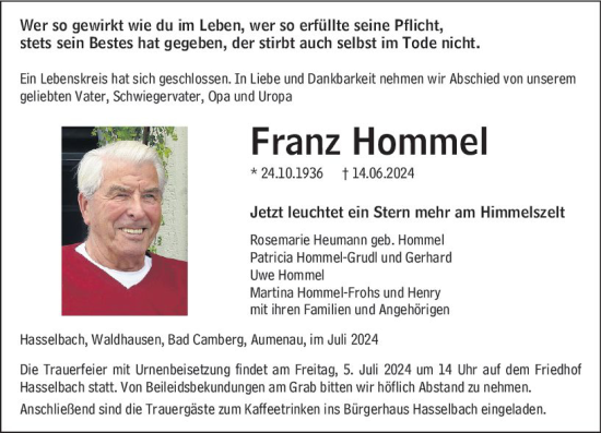Traueranzeige von Franz Hommel von Weilburger Tageblatt