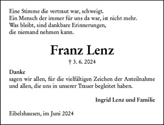 Traueranzeige von Franz Lenz von Dill Block