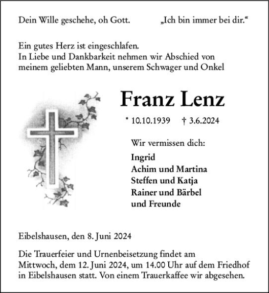 Traueranzeige von Franz Lenz von Dill Block