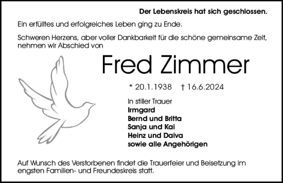 Traueranzeige von Fred Zimmer von Darmstädter Echo