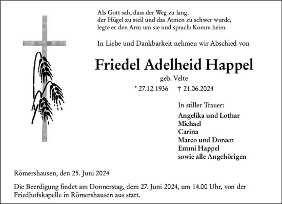 Traueranzeige von Friedel Adelheid Happel von Hinterländer Anzeiger