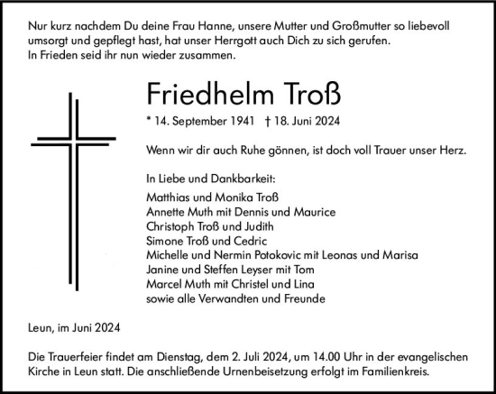 Traueranzeige von Friedhelm Troß von Wetzlarer Neue Zeitung