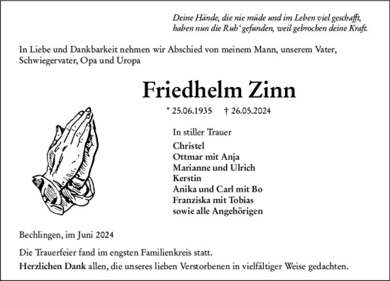 Traueranzeige von Friedhelm Zinn von Wetzlarer Neue Zeitung