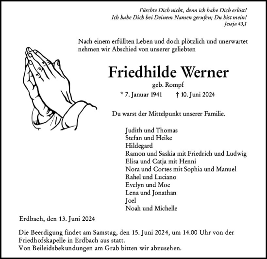 Traueranzeige von Friedhilde Werner von Dill Block