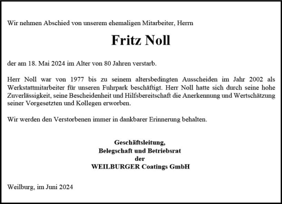 Traueranzeige von Fritz Noll von Weilburger Tageblatt