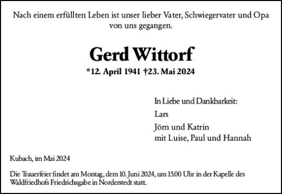 Traueranzeige von Gerd Wittorf von Weilburger Tageblatt