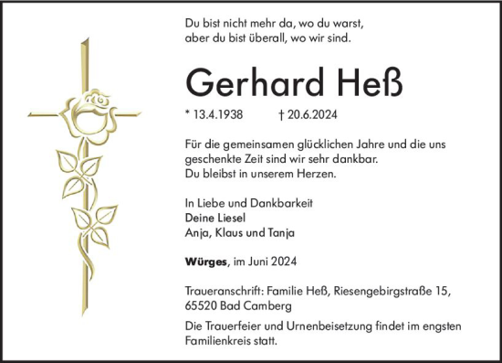 Traueranzeige von Gerhard Heß von Camberger Anzeiger