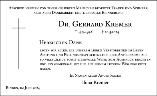 Traueranzeige von Gerhard Kremer von Allgemeine Zeitung Bingen/Ingelheim
