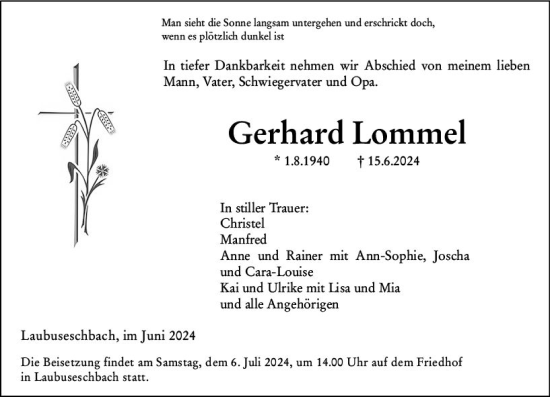 Traueranzeige von Gerhard Lommel von Weilburger Tageblatt
