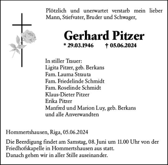 Traueranzeige von Gerhard Pitzer von Hinterländer Anzeiger