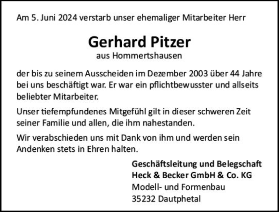 Traueranzeige von Gerhard Pitzer von Hinterländer Anzeiger