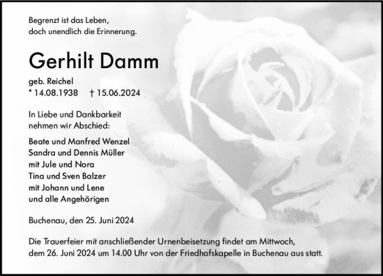 Traueranzeige von Gerhilt Damm von Hinterländer Anzeiger