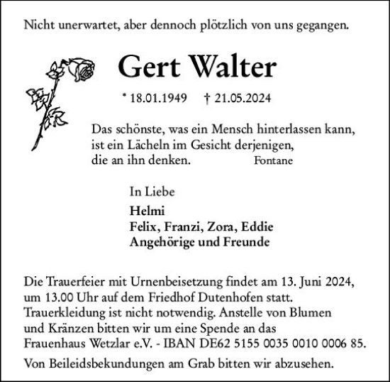 Traueranzeige von Gert Walter von Wetzlarer Neue Zeitung