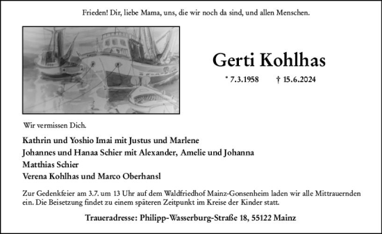 Traueranzeige von Gerti Kohlhas von Allgemeine Zeitung Mainz