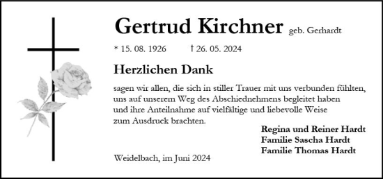 Traueranzeige von Gertrud Kirchner von Dill Block
