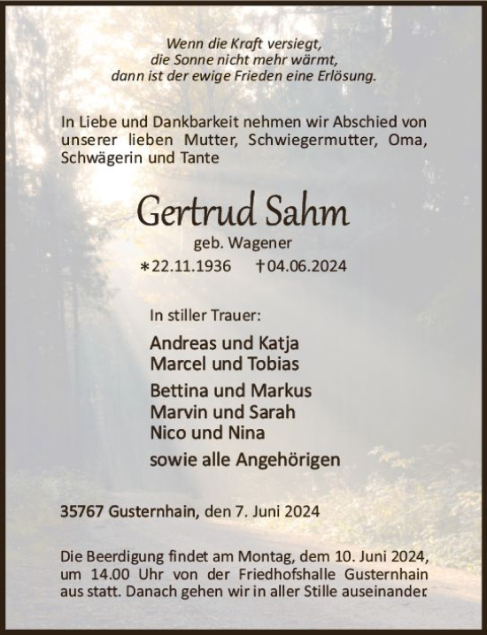 Traueranzeige von Gertrud Sahm von Dill Block
