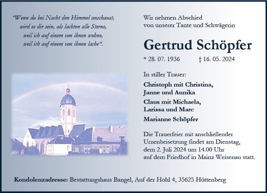 Traueranzeige von Gertrud Schöpfer von Allgemeine Zeitung Mainz