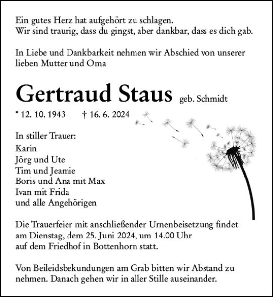 Traueranzeige von Gertrud Staus von Hinterländer Anzeiger