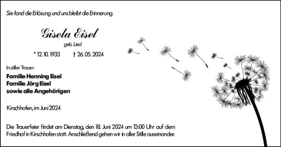 Traueranzeige von Gisela Eisel von Weilburger Tageblatt