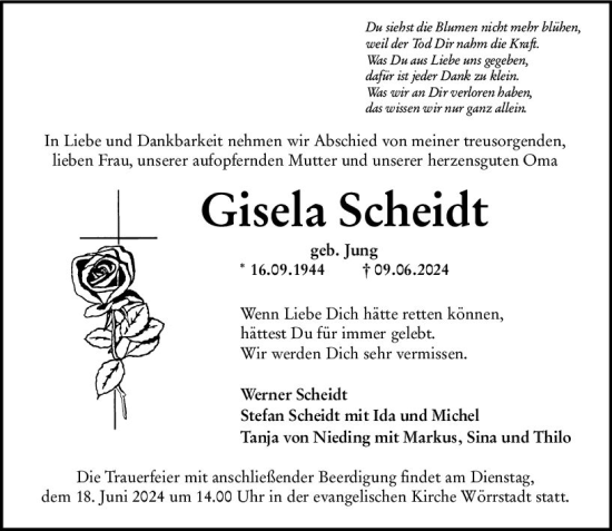 Traueranzeige von Gisela Scheidt von Allgemeine Zeitung Alzey
