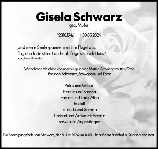 Traueranzeige von Gisela Schwarz von Hinterländer Anzeiger
