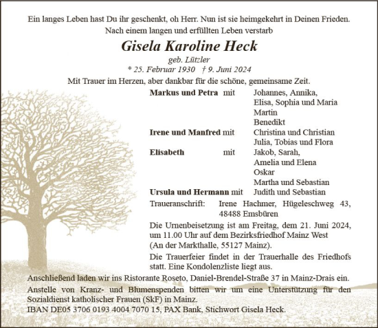 Traueranzeige von Gisela Karoline Heck von Allgemeine Zeitung Mainz